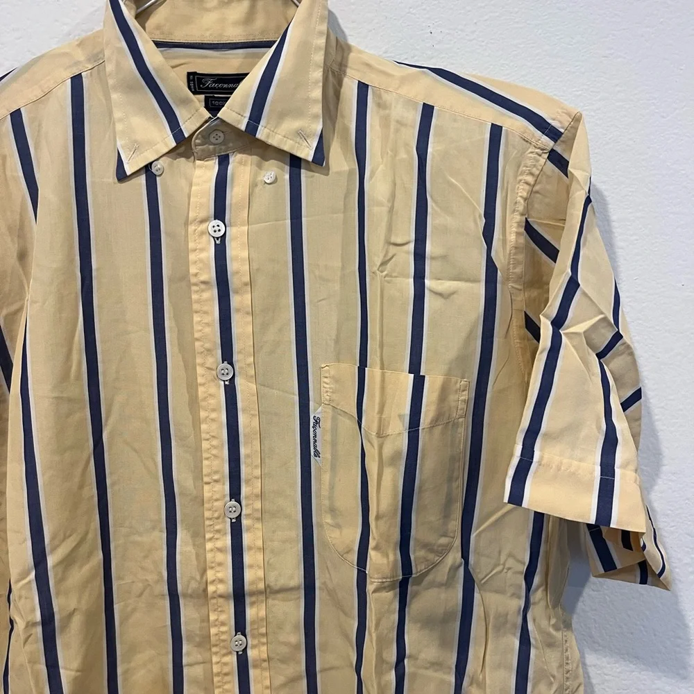 Faconnable Men’s Blue Yellow Striped Short‎ Sleeve Button Up Shirt Size 4 EUC